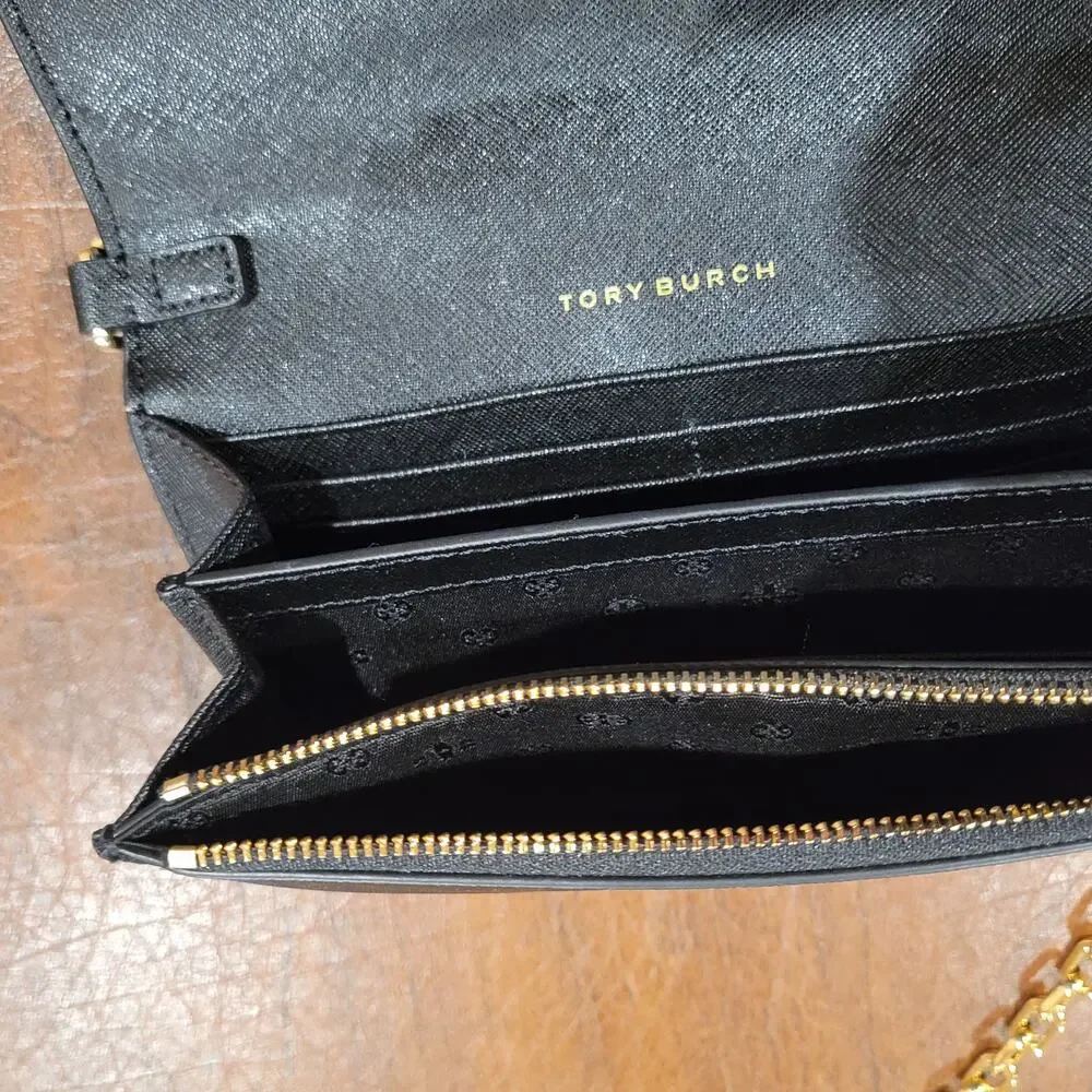 Tory Burch Black Gold tone Chain Leather Shoulder Bag Wristlet/Wallet combo